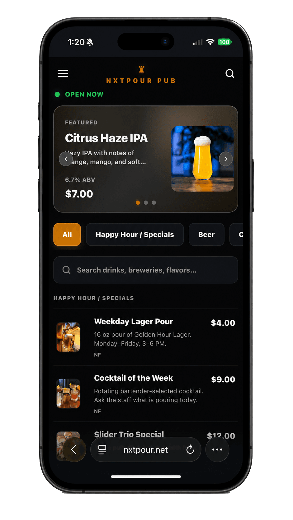 NxtPour digital menu on an iPhone