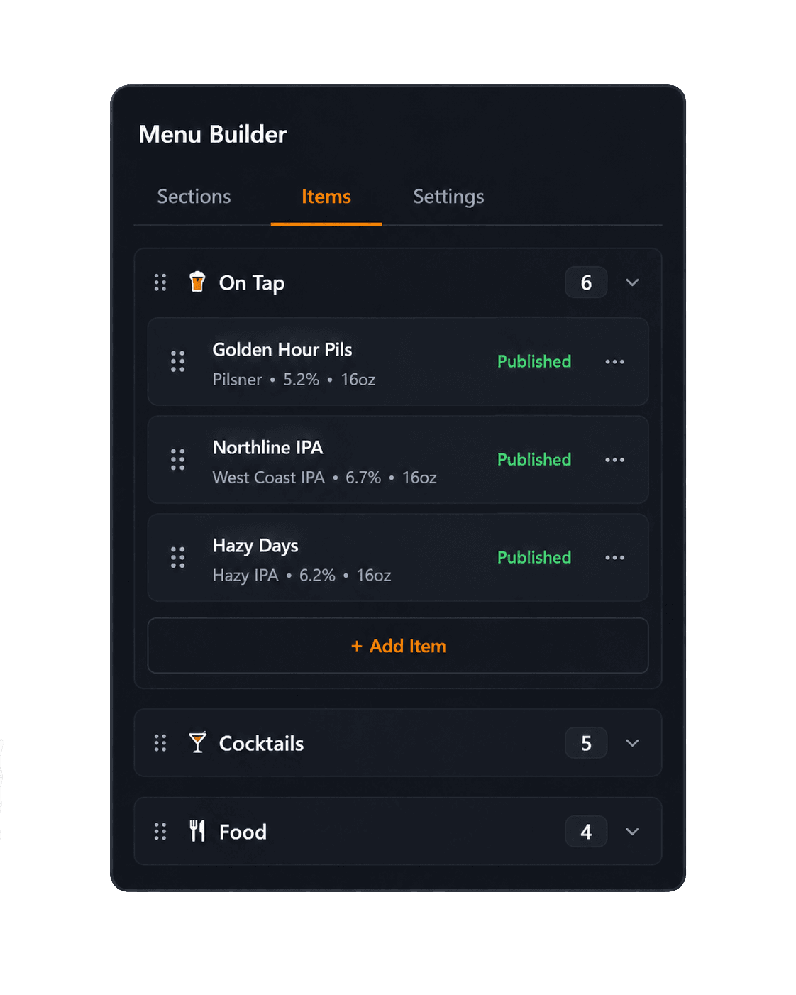 NxtPour menu builder panel